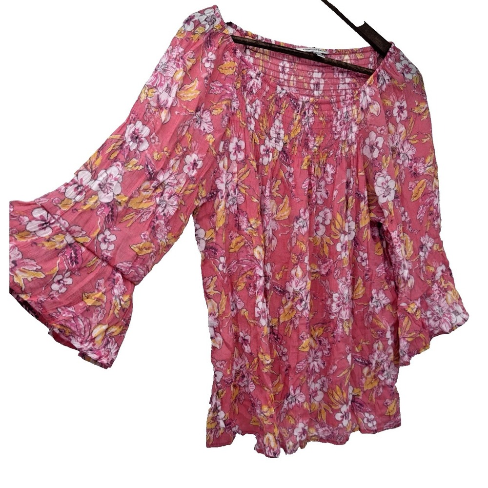 Pink Floral Smocked Bell sleeve Gauzy blouse sheer lightweight smocked resort XL